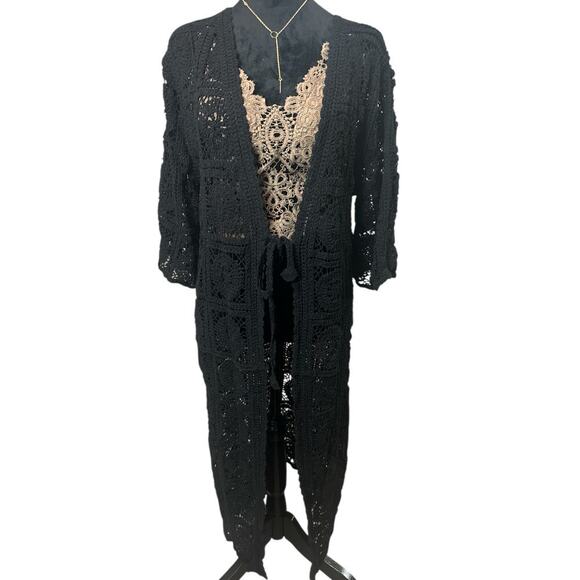 AZ Sweaters - Black crochet full length tie front sweater-One  Size- NWT